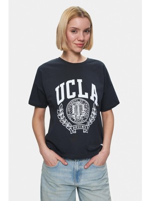 Ucla Avalon Antrasit Bisiklet Yaka Baskılı Oversize  Kadın Tshirt