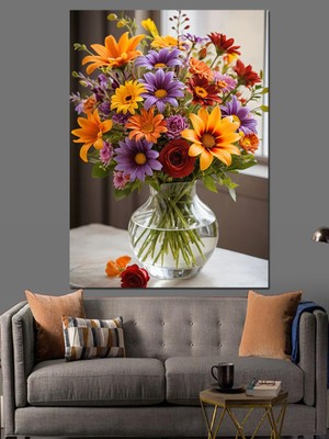 Çiçeklerle Dolu Vazo Dekoratif Kanvas - Mdf Ahşap Tablo