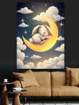 Ay Üzerinde Uyuyan Fil Dekoratif Kanvas - Mdf Ahşap Tablo