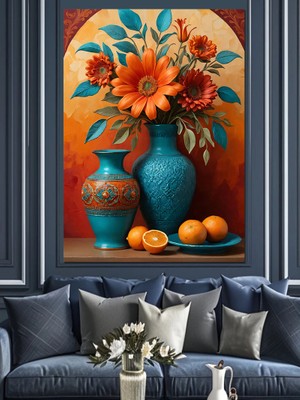 Vazo ve Çiçek Stili Dekoratif Kanvas - Mdf Ahşap Tablo