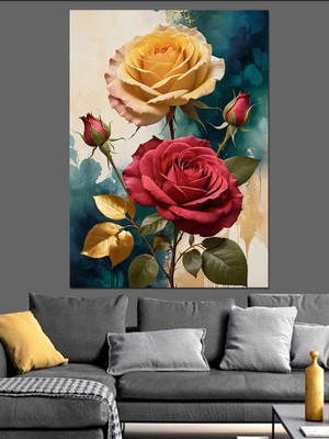 Kırmızı ve Beyaz Gül Dekoratif Kanvas - Mdf Ahşap Tablo