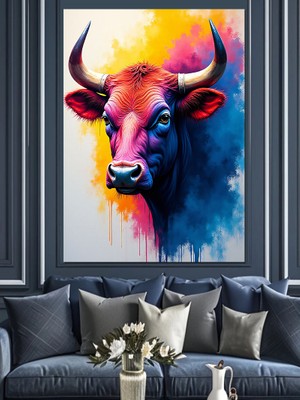 Renkli Boğa Portresi Dekoratif Kanvas - Mdf Ahşap Tablo