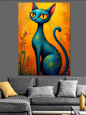 Renkli Geometrik Kedi Figürü Dekoratif Kanvas - Mdf Ahşap Tablo