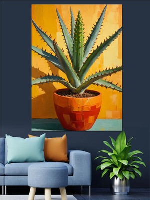 Turuncu Saksıda Aloe Vera Dekoratif Kanvas - Mdf Ahşap Tablo