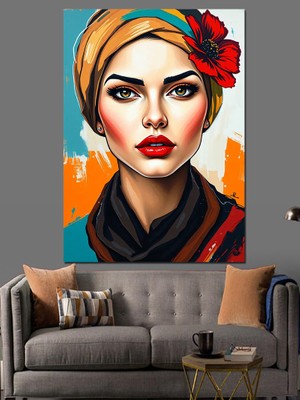Turuncu Çiçekli Kadın Dekoratif Kanvas - Mdf Ahşap Tablo