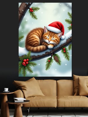Yılbaşı Şapkalı Uyuyan Kedi Dekoratif Kanvas - Mdf Ahşap Tablo