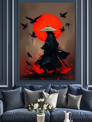 Samuray ve Kırmızı Ay Dekoratif Kanvas - Mdf Ahşap Tablo