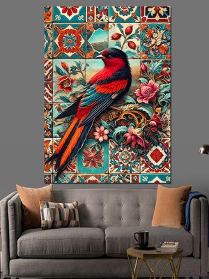 Renkli Kuş ve Desen Dekoratif Kanvas - Mdf Ahşap Tablo