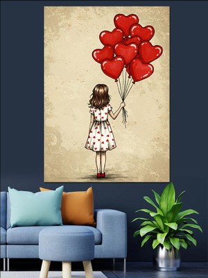 Balonlarla Uçan Küçük Kız Dekoratif Kanvas - Mdf Ahşap Tablo