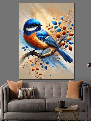 Mavi Kuş ve Dallar Dekoratif Kanvas - Mdf Ahşap Tablo