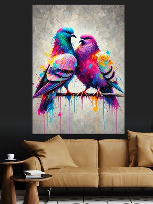 Renkli Kuş Aşkı Dekoratif Kanvas - Mdf Ahşap Tablo