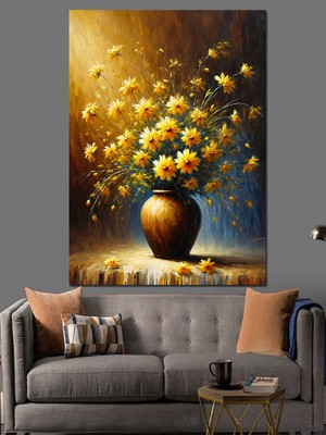 Sarı Çiçek Vazosu Dekoratif Kanvas - Mdf Ahşap Tablo