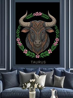 Boğa Burcu Deseni Dekoratif Kanvas - Mdf Ahşap Tablo
