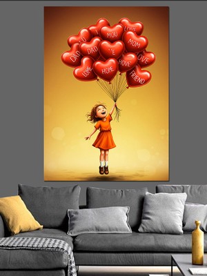Balonlarla Uçan Kız Dekoratif Kanvas - Mdf Ahşap Tablo