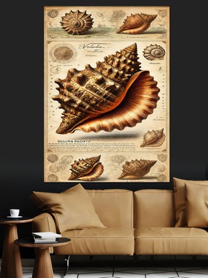 Deniz Kabuğu ve Antik Çizim Dekoratif Kanvas - Mdf Ahşap Tablo