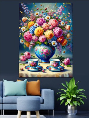 Çiçek Desenli Çay Seti Dekoratif Kanvas - Mdf Ahşap Tablo
