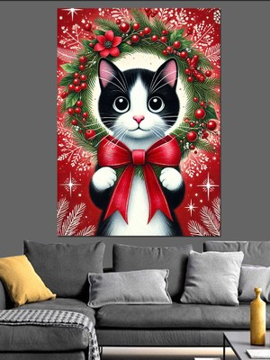 Noel Temalı Sevimli Kedi Dekoratif Kanvas - Mdf Ahşap Tablo