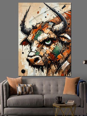 Boğa ve Soyut Fırça Darbeleri Dekoratif Kanvas - Mdf Ahşap Tablo
