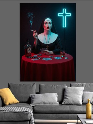 Kutsal Işığın Altında Sigara Içen Rahibe Dekoratif Kanvas - Mdf Ahşap Tablo