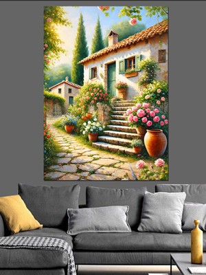 Taş Ev ve Çiçekli Bahçe Dekoratif Kanvas - Mdf Ahşap Tablo