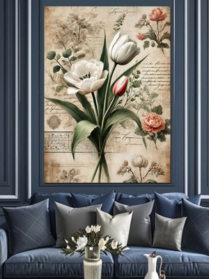 Vintage Çiçek Aranjmanı ve Eski Doku Dekoratif Kanvas - Mdf Ahşap Tablo