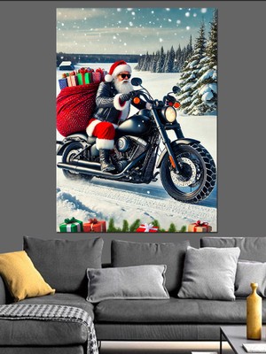 Noel Baba ve Motosiklet Dekoratif Kanvas - Mdf Ahşap Tablo