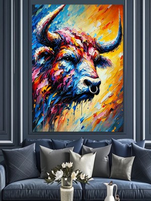Renkli Boğa ve Soyut Enerji Dekoratif Kanvas - Mdf Ahşap Tablo