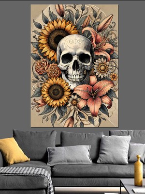 Kafatası ve Çiçeklerle Harmoni Dekoratif Kanvas - Mdf Ahşap Tablo