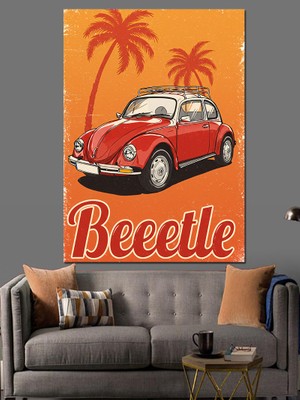 Palmiyeler ve Retro Vosvos "beetle" Dekoratif Kanvas - Mdf Ahşap Tablo