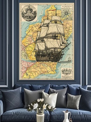 Eski Gemi ve Antik Harita Dekoratif Kanvas - Mdf Ahşap Tablo