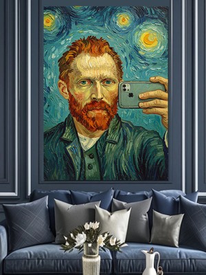 Van Gogh ve Yıldızlı Portre Dekoratif Kanvas - Mdf Ahşap Tablo