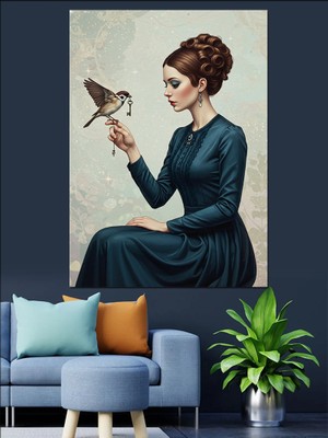 Kuş ve Zarif Kadın Portresi Dekoratif Kanvas - Mdf Ahşap Tablo