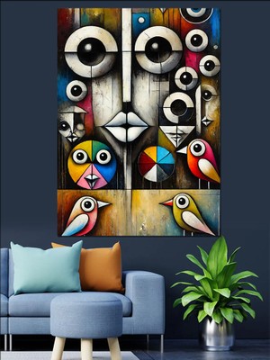 Soyut Kuş ve Geometrik Tasarım Dekoratif Kanvas - Mdf Ahşap Tablo