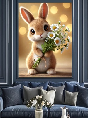 Çiçek Tutan Tavşan Dekoratif Kanvas - Mdf Ahşap Tablo