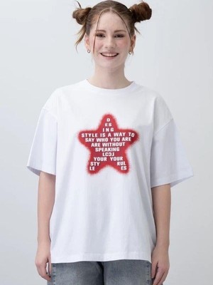 Kız Çocuk Yıldız Harf Baskılı Oversize T-Shirt