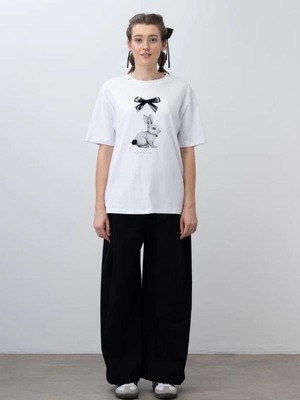 Kız Çocuk Tavşan Baskılı Oversize Tasarım Tshirt