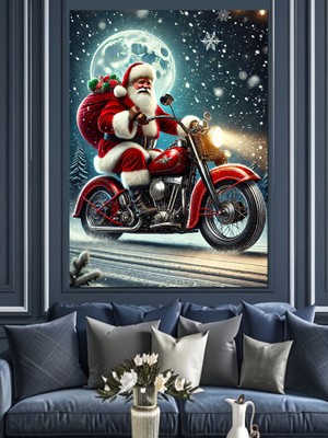 Noel Baba Motosiklette Dekoratif Kanvas - Mdf Ahşap Tablo