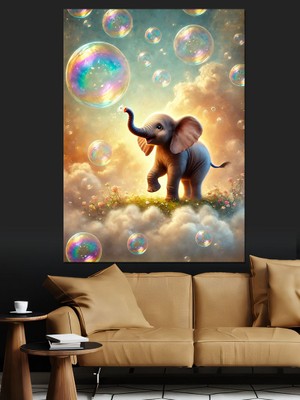 Baloncuklarla Oynayan Fil Dekoratif Kanvas - Mdf Ahşap Tablo