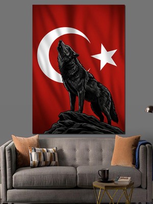 Türk Bayrağı ve Kurt Dekoratif Kanvas - Mdf Ahşap Tablo