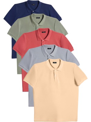 Erkek 5'li Paket Lacivert-Haki-Kiremit-Gri-Bej Slim Fit Dar Kesim Pamuklu Düz Pike Polo Yaka Tişört