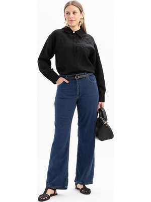 Koyu Mavi-Geniş Paça Denim Pantolon