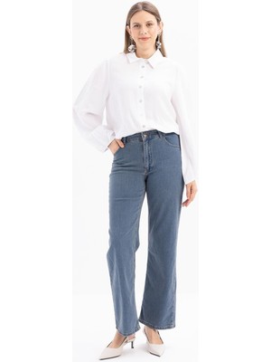 Açık Mavi-Geniş Paça Denim Pantolon