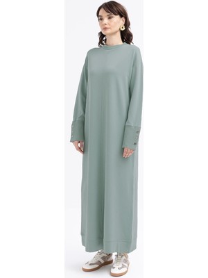 Defne-Manşeti Kalın Ribanalı Düğme Detaylı Likralı Elbise