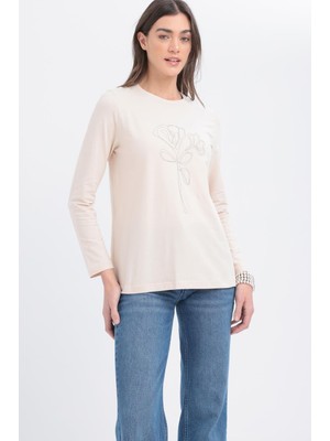 Taş-Zincir Nakışlı Uzun Kollu Likralı T-Shirt