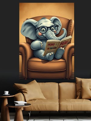 Gazete Okuyan Fil Dekoratif Kanvas - Mdf Ahşap Tablo