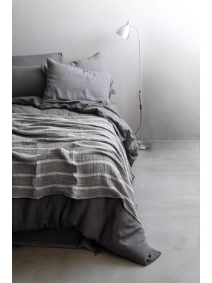 Barine Çizgili Pamuk Müslin Koltuk Şalı, Battaniye Koyu Gri