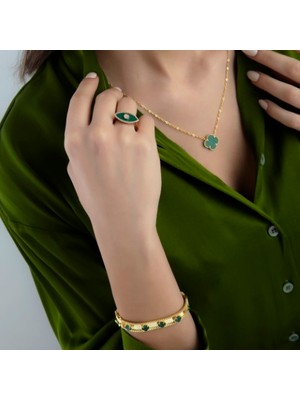 Gold Renk Emerald Sıralı Ithal Yonca Kelepçe Bileklik Vip Kalite