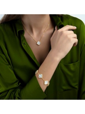 Gold Renk Sedef Krem Ithal Yonca Kolye Vip Kalite