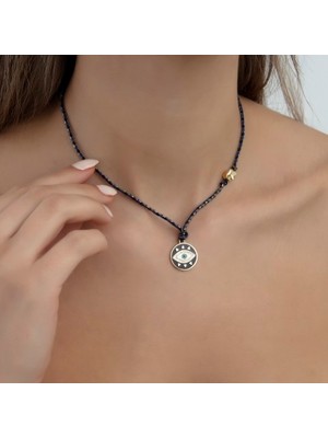 Lacivert Gold Lurex Özel Ipli Taşlı Evil Eye Trend Kolye