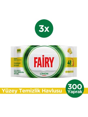 Fairy Çok Amaçlı Yüzey Temizleme Mendili 100 Yaprak 3 Adet | Limon Yağlı | Beyaz Sirke Karbonat